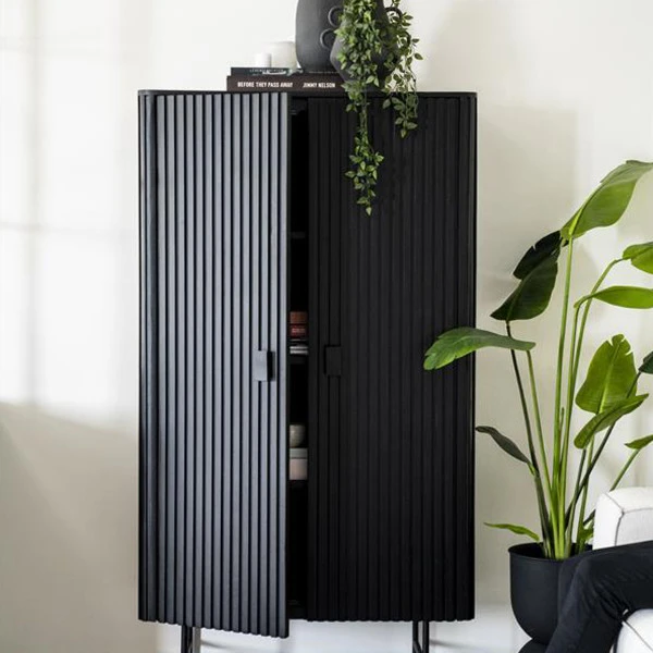 Zwarte Retro Kast Met Houten Latjes - Afbeelding 5