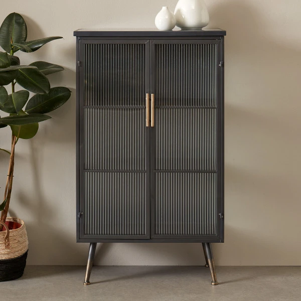 Zwarte Wandkast Met Geribbeld Glas