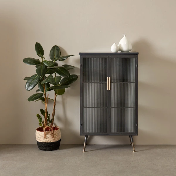 Zwarte Wandkast Met Geribbeld Glas - Afbeelding 2