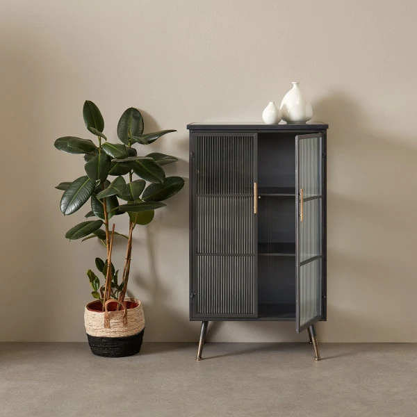 Zwarte Wandkast Met Geribbeld Glas - Afbeelding 3