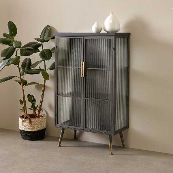 Zwarte Wandkast Met Geribbeld Glas - Afbeelding 4