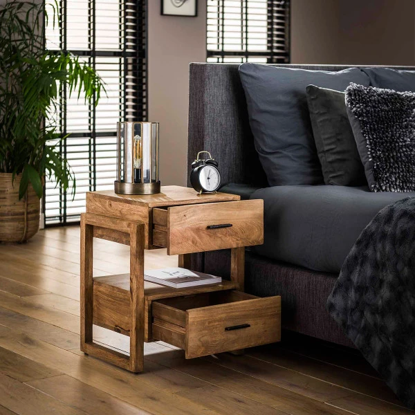 Mangohouten Nachtkastje 2 Lades - Afbeelding 3