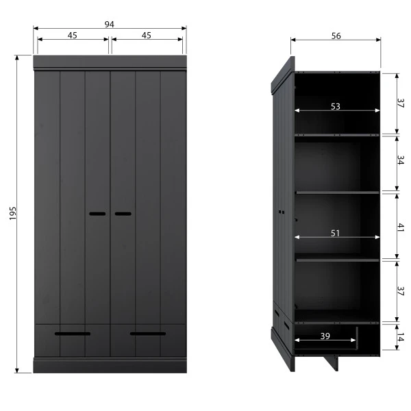 WOOOD Zwarte Kledingkast 2-deurs Met Lades - Afbeelding 9